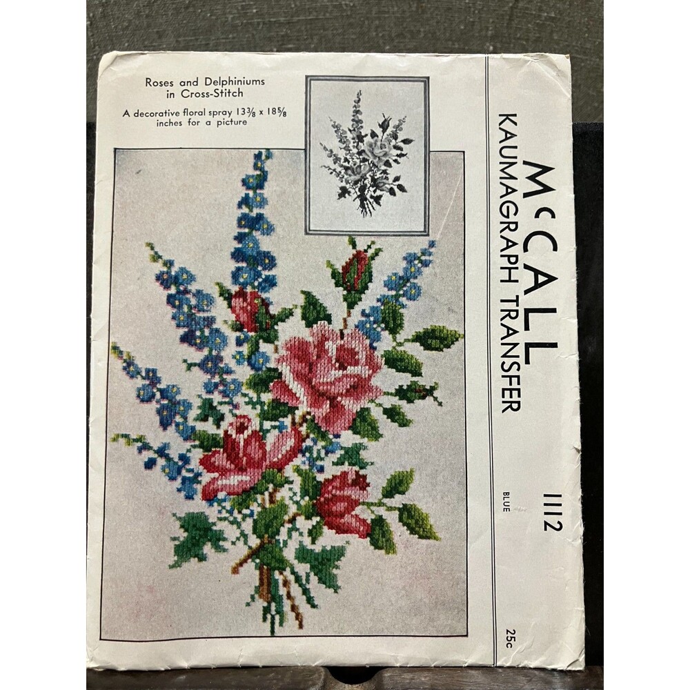 McCALL Kaumagraph Transfer No. 1112, Roses and Delphiniums in Cross-Stitch 1944